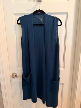 XXS Eileen Fisher Sleeveless Open-Front Long Vest in Teal